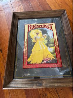 Vintage Budweiser Framed Mirror - Woman in Yellow Dress