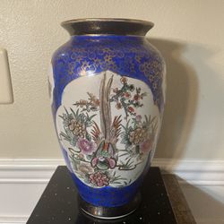 Vintage 12”Tall Chinese Porcelain Vase with Peacock and Floral Design
