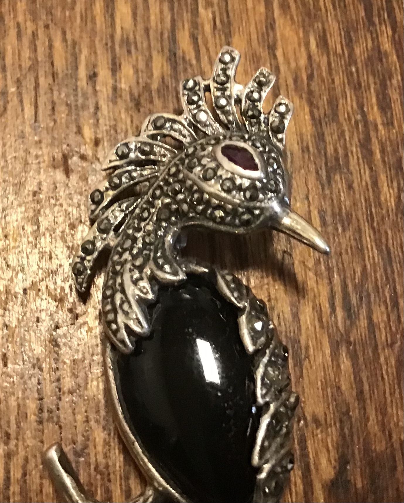 Sterling Parrot Onyx Marcasite with Ruby Eye