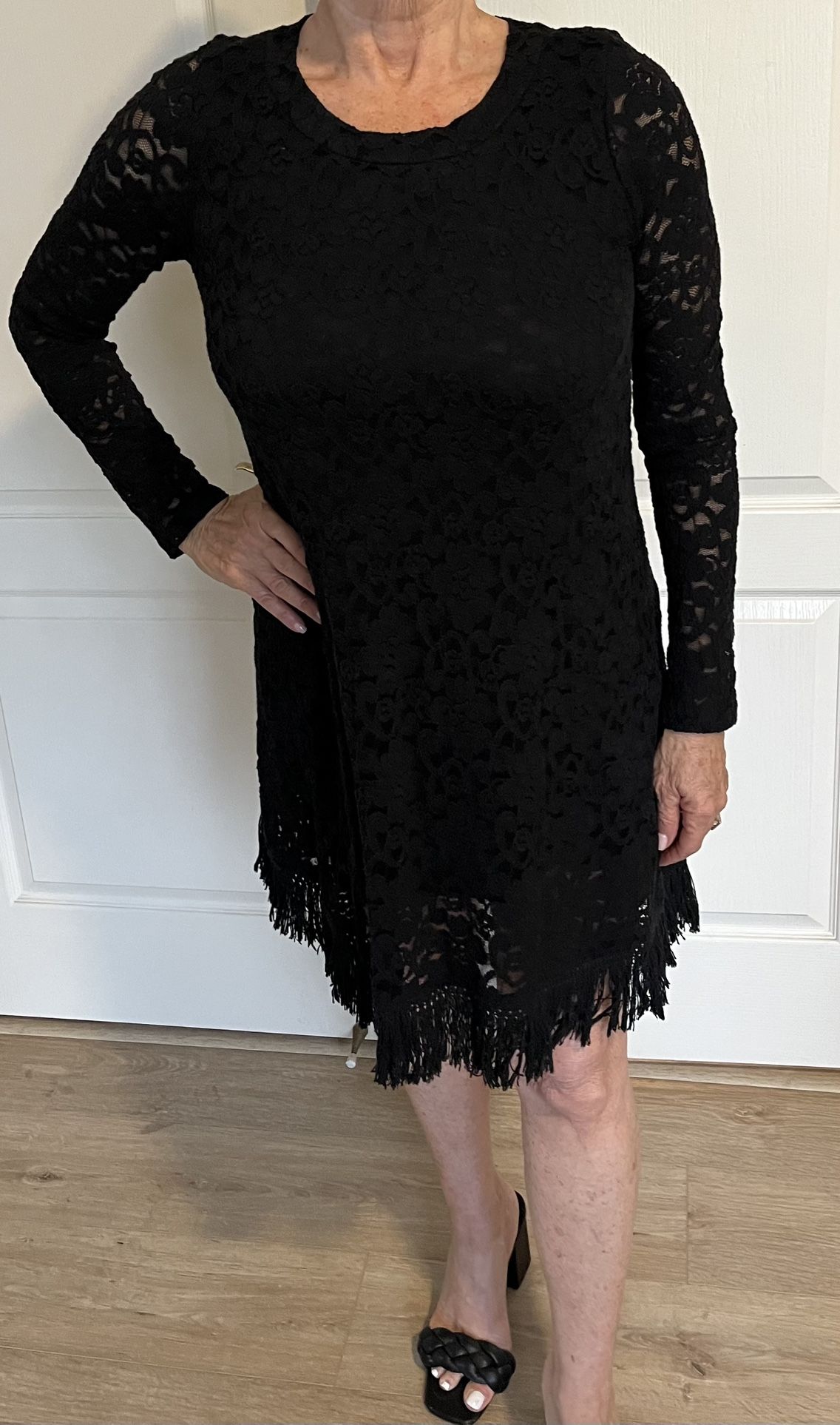 Black Long Sleeve Lace Bodice Dress w/ Fringe.