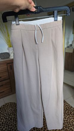 ZARA Girls Beige Wide Leg Cropped Pants Size 8 Elastic Waist Drawstring