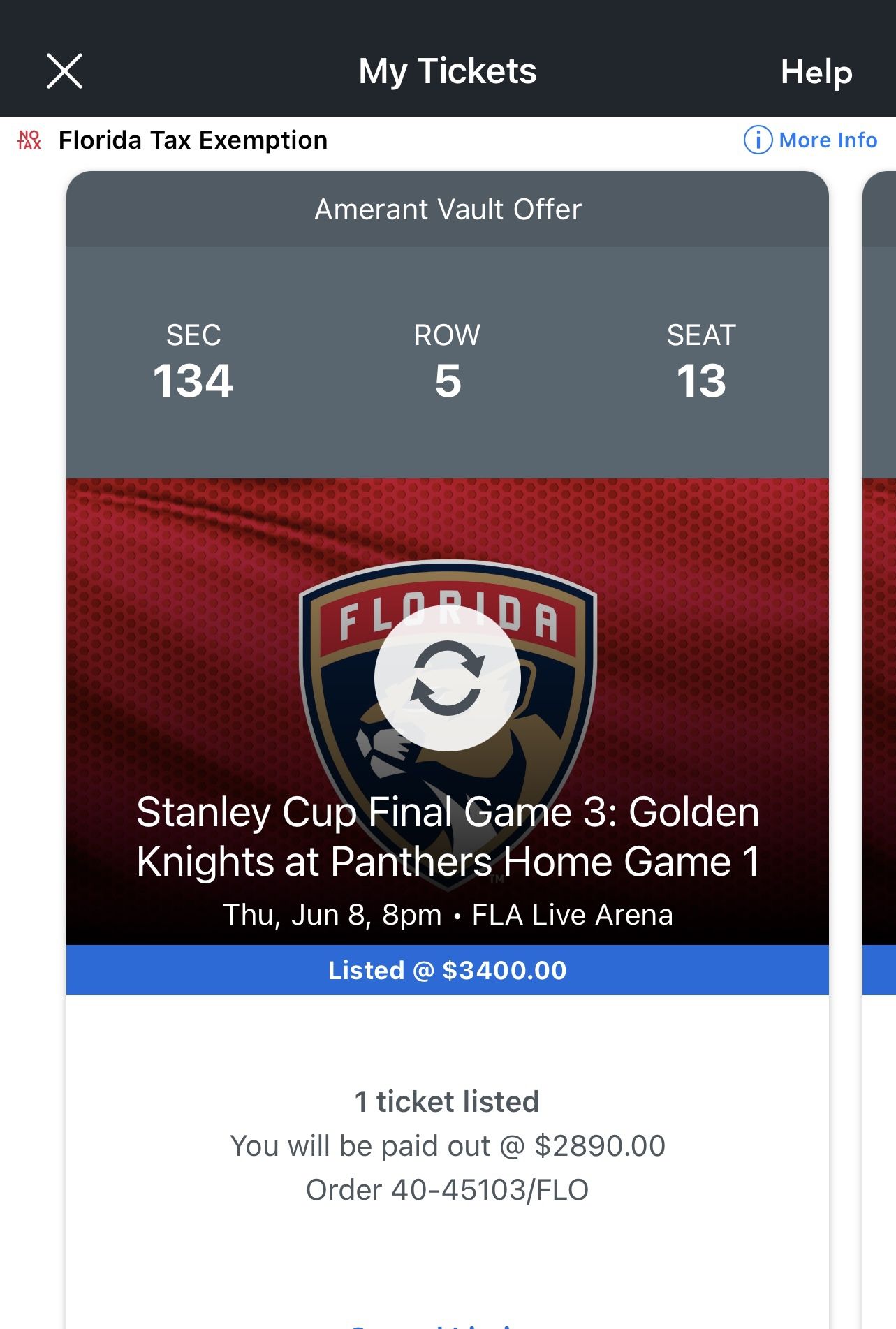 Florida Panthers Stanley Cup Finals 2 Two Tickets vs Vegas Knights Section 134 Row 5 