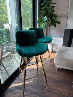 2 Green Velvet Bar Stools with Gold Legs – Set of 2