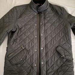 Mens Barbour Powell Diamond Quilted Jacket, Leather Trim, Size Medium, Black, Like New Condition