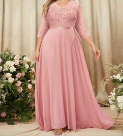 3XL Pink Plus V Neck Foral Lace Chiffon Dress