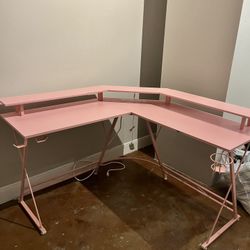 Pink Gaming Desk With Built In Power Strip And Rgb Lighting 