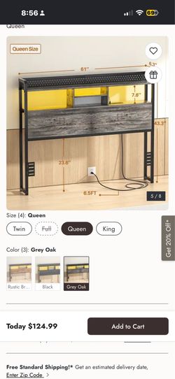 Queen size grey faux wood grain headboard with LED lights and power supple