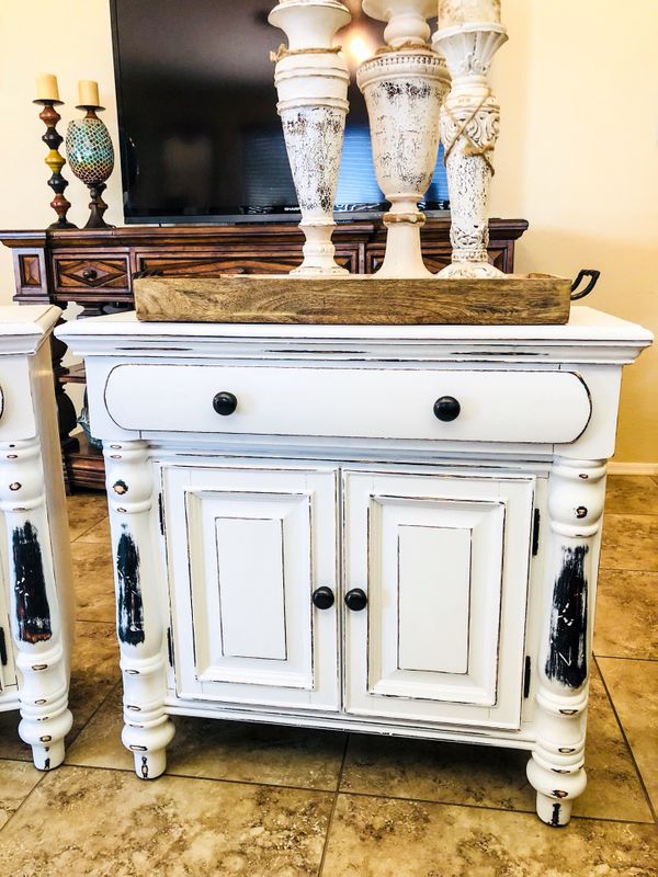 Stunning Set Of White Night Stand End Tables Shabby Chic Farmhouse Stunning Set Of White Night Stand End Tables Shabby Chic Farmhouse Rustic Finish Solid Wood With Velvet Lined Jewelry Drawers