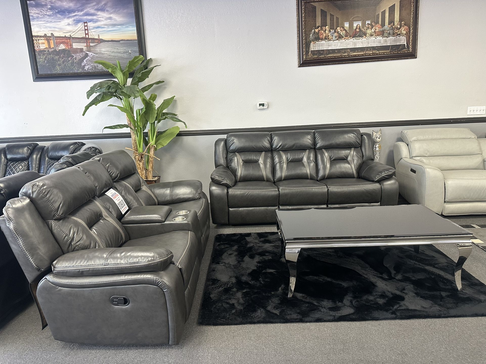 2PC Gray Leather Sofa & Loveseat