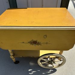1920's Antique Drop Leaf Wood Bar / Tea Cart with Glass Serving Tray