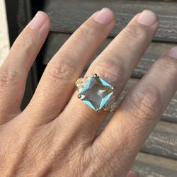 Vintage 925 Silver 18K Gold Plated Emerald Cut Aquamarine Cocktail Ring Size 11 Jewelry Art Deco Statement Ring 