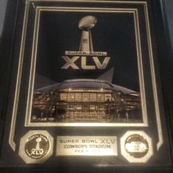 Super Bowl XLV Cowboys Stadium Framed Picture With 2 Silver Coated Coins 
