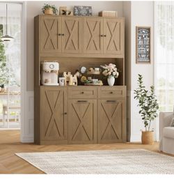 71" H Kitchen Trash Can Hutch Cabinet, 12.5 Gallon Double Pull Out Garbage Can Hutch Cabinet with Trash Bin Storage Holders, 47" Wide Kitchen Pantry