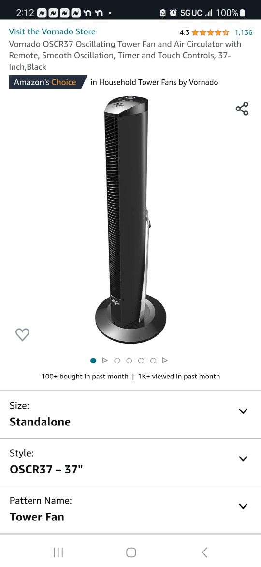  Vornado Tower Fan W/Remote