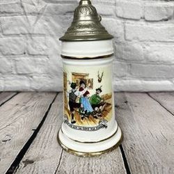 Vintage German Beer Stein White Porcelain Pewter Lid Lithopane 9" Ceramic