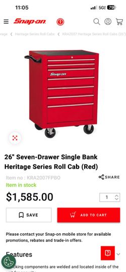 SnapOn 26" Seven-Drawer Single Bank Heritage Series Roll Cab (Red)