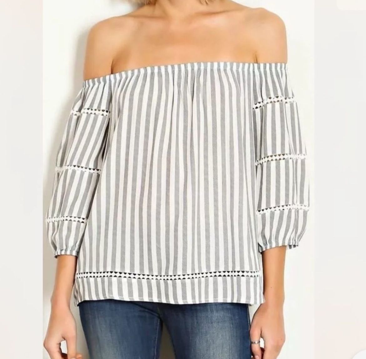 NEW Cotton BLEU Blackish-Gray & White Striped Top Size Medium 