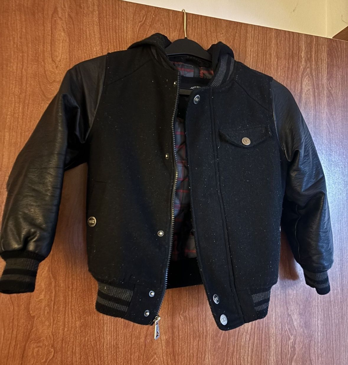 Urban Republic; Boys Faux Leather Varsity Style Jacket With Long Sleeved And A Hood Boys Size 8