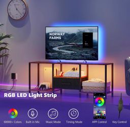TV Stand with LED Lights, Entertainment Center with Open Shelves and Fabric Drawer,Rustic Brown