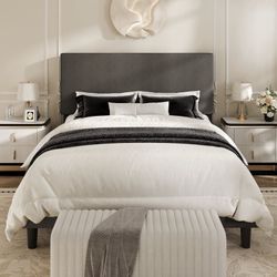Queen Size Bed Frame, Platform Bed Frame with Upholstered Adjustable Headboard, Gray, Nubby Fabric