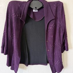 Vintage R&M Richards Purple Cardigan with textured Geometric Pattern, Size Small • Padded Shoulders