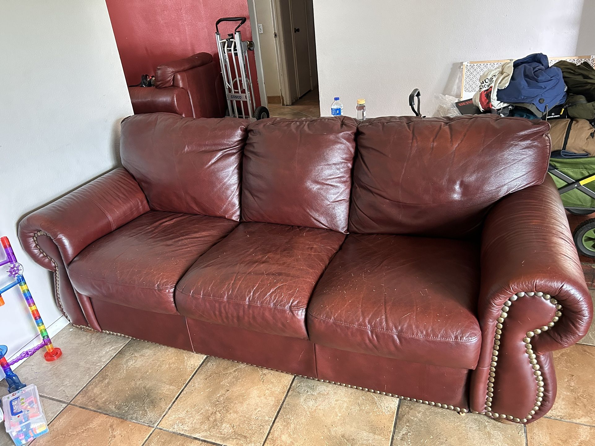 Red Leather (pleather) Couch Set Of 3 W/ Ottoman