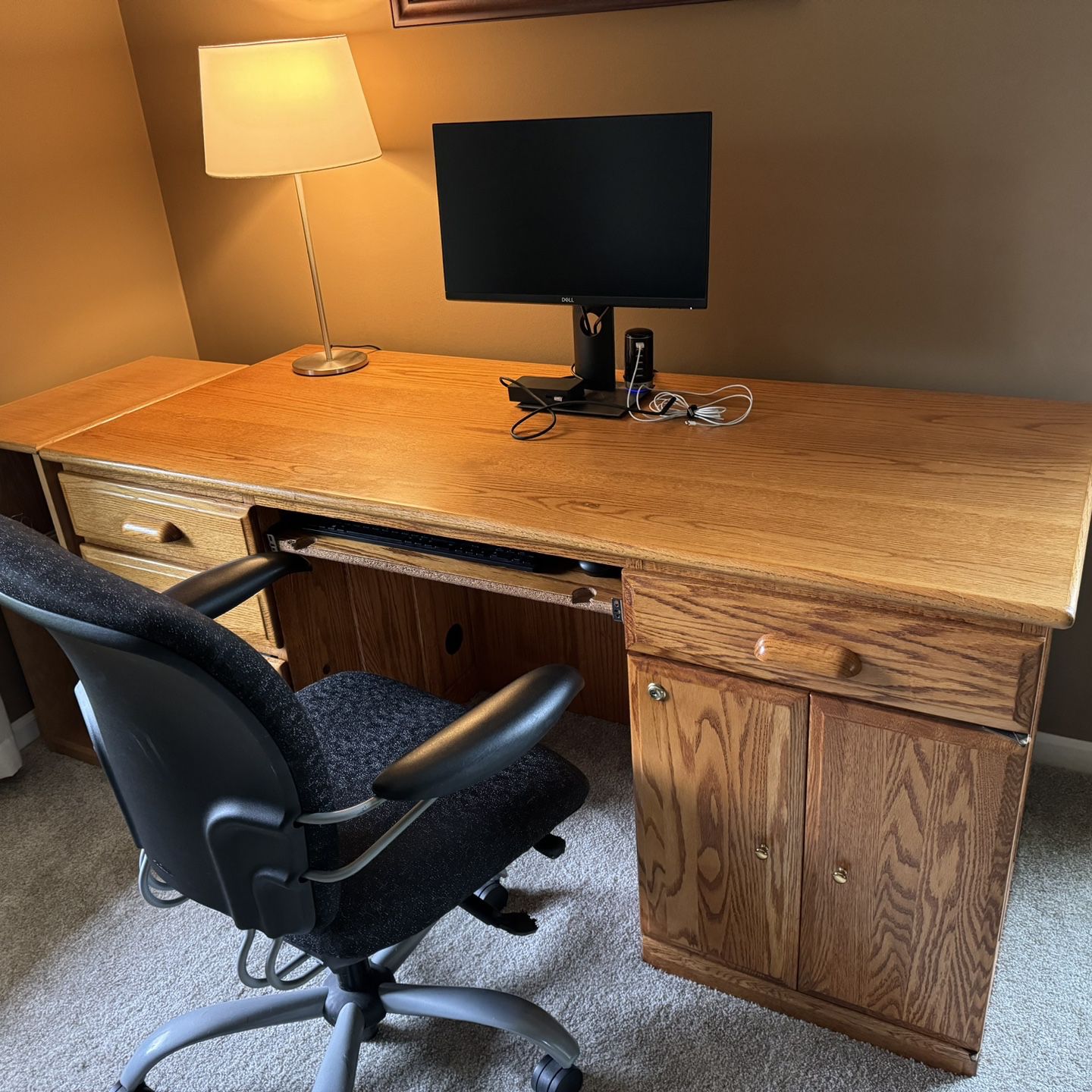 Solid Oak Desk, Tower Cabinet And Chair