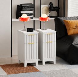 Fluted Bedside Table with Charging Station Narrow Nightstand Set of 2 Slim Nightstand with 2 Drawers & Metal Handle, End Tables for Small Space Living