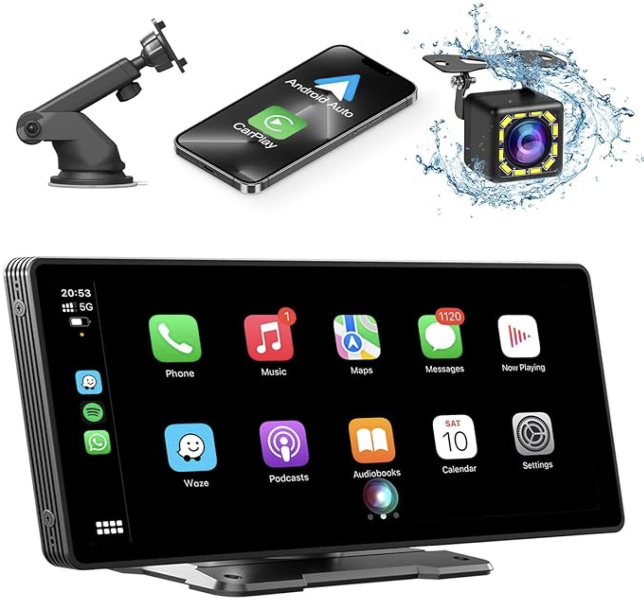 10.26" Wireless CarPlay Screen for Car,Wireless Apple CarPlay & Android Auto,Portable Car Stereo with GPS Navigation,Backup Camera,Bluetooth,Mirror Li