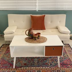 Futon Easily Adjustable Sofa 66” Vegan Leather And Coffee Table