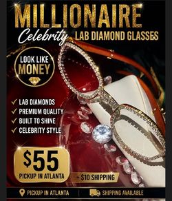 Millionaire Celebrity lab diamond glasses in gold tone. Sparkling lab diamond glitter frames deliver a celebrity style. Lightweight, luxe look for eve