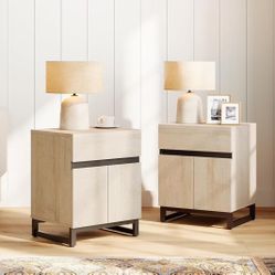 Modern End Table with 1 Drawer & 1 Storage Cabinet, Farmhouse Sofa Table, Light Oak，$120/2pcs