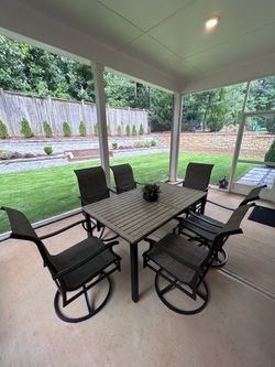 7-Piece Patio Dining Set for 6 w/Wood-Grain Metal Table & Swivel Chairs