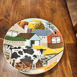 Vintage Country Scene Cows Barns Chicken Decorative 8" Plate Colorful Farm