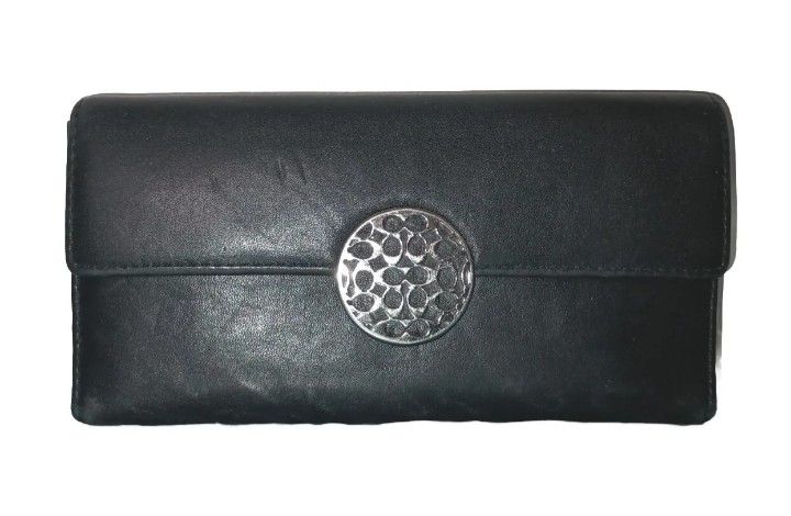 Coach Alexandra Signature Silver Ornament Black Cowhide Leather Clutch Wallet