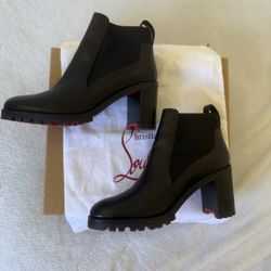 Christian Louboutin Marchacroche 70 Black Calf Lug Chelsea Heel Ankle Boot S 37