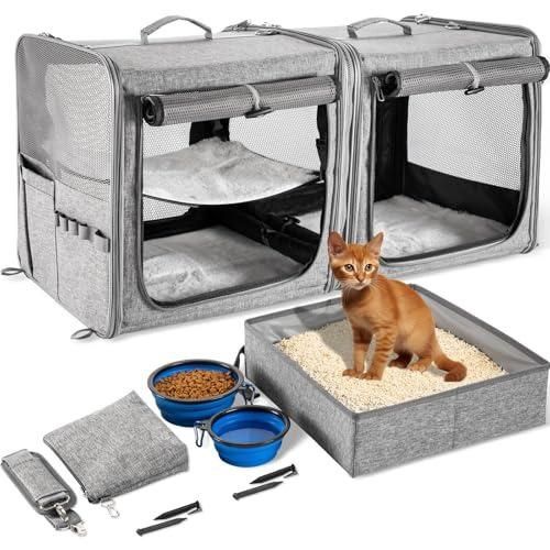 Suertree Cat Carrier for 2 Cats, Pet Travel Carrier with Litter Box for Cats and Small Dogs Up to 45 Lbs, Bowls, and Locking Zippers, Gray G83747 741