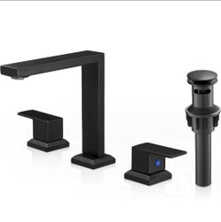 Matte Black Bathroom Sink Faucet 3 Hole, Brass 8 Inch Widespread Bathroom Faucet 2 Handle with Pre-Installed cUPC Supply Lines & Pop-up Drain for Vani
