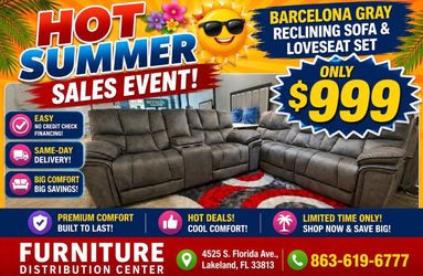Limited time sale. Barcelona, gray reclining sofa and loveseat set only $999. Easy finance option. Same-day delivery.