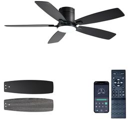 52in Black Ceiling Fan Light Low Profile Flush Mount with Quiet Reversible Motor for Bedroom Kitchen Livingroom
