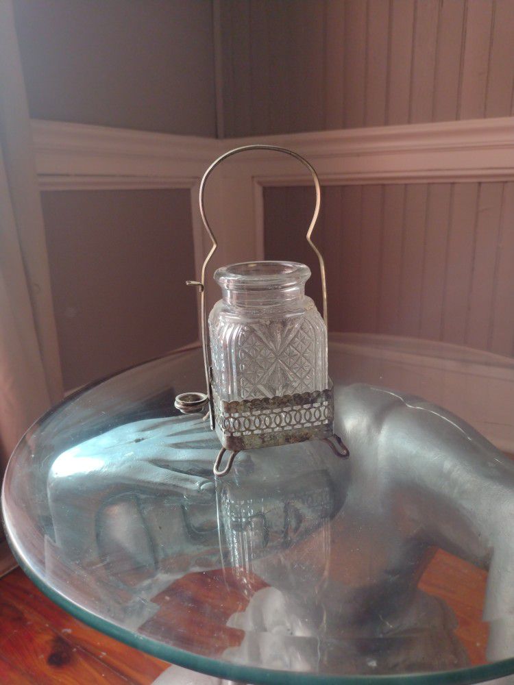 Antique Glass canister with silver holder 