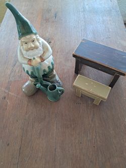 Ceramic Garden Gnome andTwo Wooden Benches
