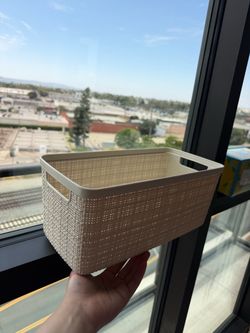 Cream Plastic Woven-Texture Storage Basket