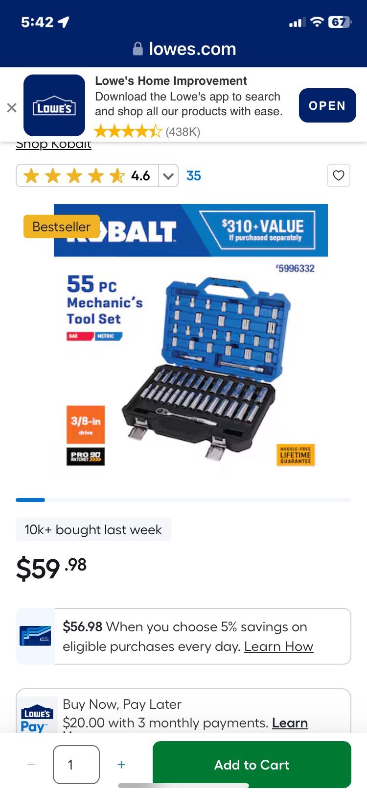 Kobalt 55-Piece Standard (SAE) and Metric Polished Chrome Mechanics Tool Set with Hard Case