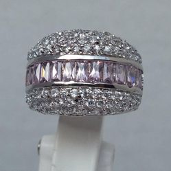 Sterling Silver 925 Pink Baguette CZ Women's Ring In Size 6