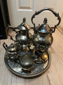 Vintage Silver-Plated 5-Piece Tea & Coffee Service Set with Tilting Kettle, Stand, & Serving Tray