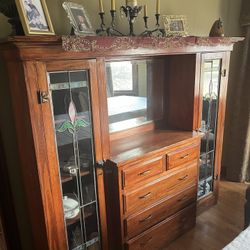 Oak Antique, Leaded, Glass Cabinet