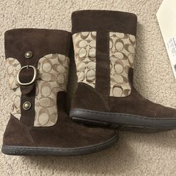 Coach Boots Meyer Khaki Chestnut Brown Logo Signature & Suede Brass
