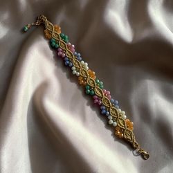 Handmade Macrame Bracelet - Crystal Flowers & Gold Filled (New)