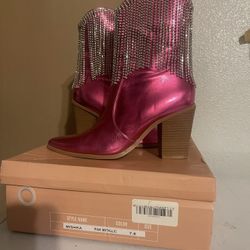 Pink Metallic Cowgirl Boots With Diamonds